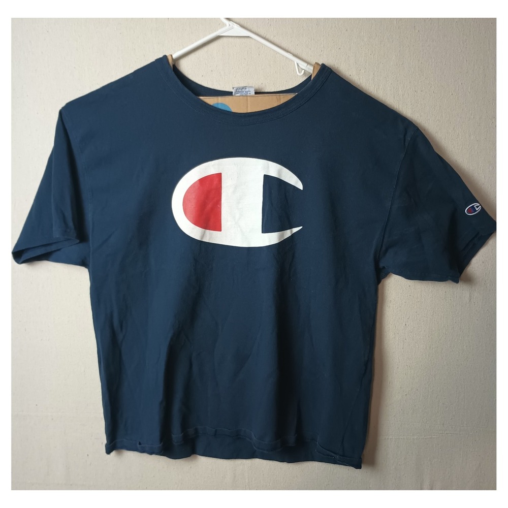 Vintage Champion Spell-Out T-Shirt Big Logo Short Sleeve‎ Casual Size Blue XL P